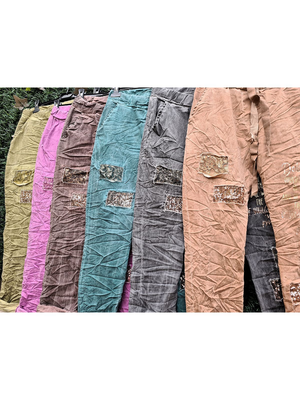 Payetli Dore Yazılı Pantolon - Bej